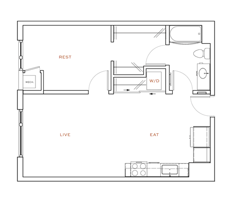 Floor plan for 1 bed, 1 bath, 666 sqft